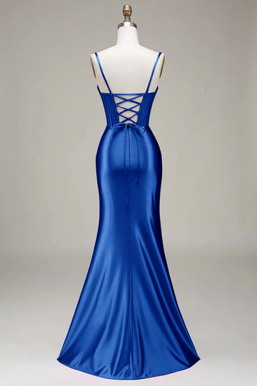 Royal Blue Mermaid Spaghetti Straps Long Ball Dress With Slit